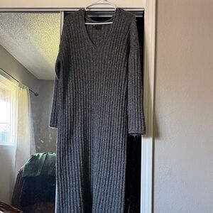 ASOS Ribbed V-Neck Long Sleeve Knit Dress - Charcoal Gray